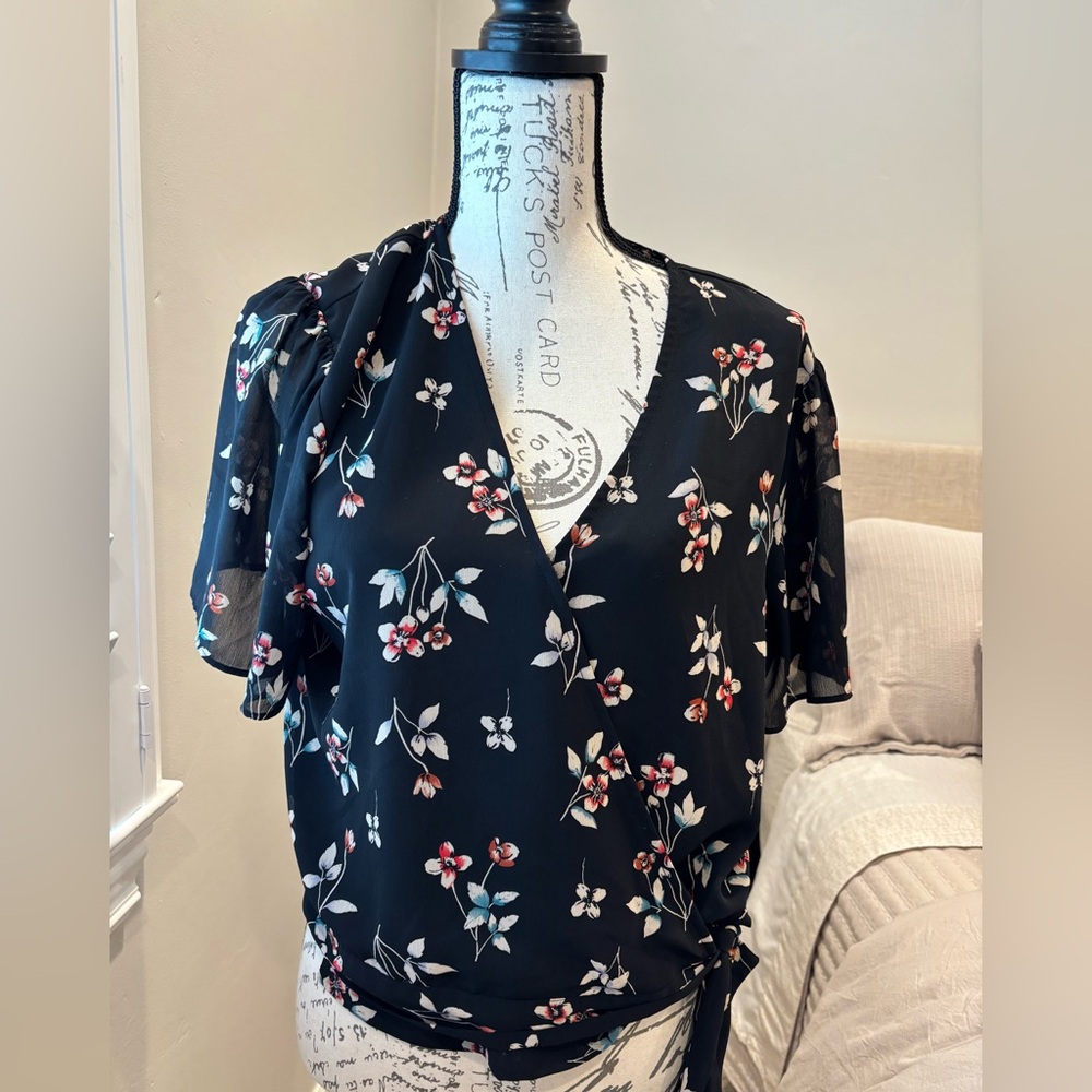 Madewell Black Floral Surplice Tie-Waist Blouse